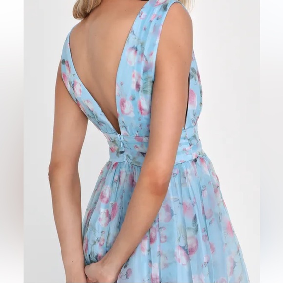 NWT Lulu’s-Garden Romance Light Blue Floral Print Organza Maxi Dress,medium - Picture 3 of 6